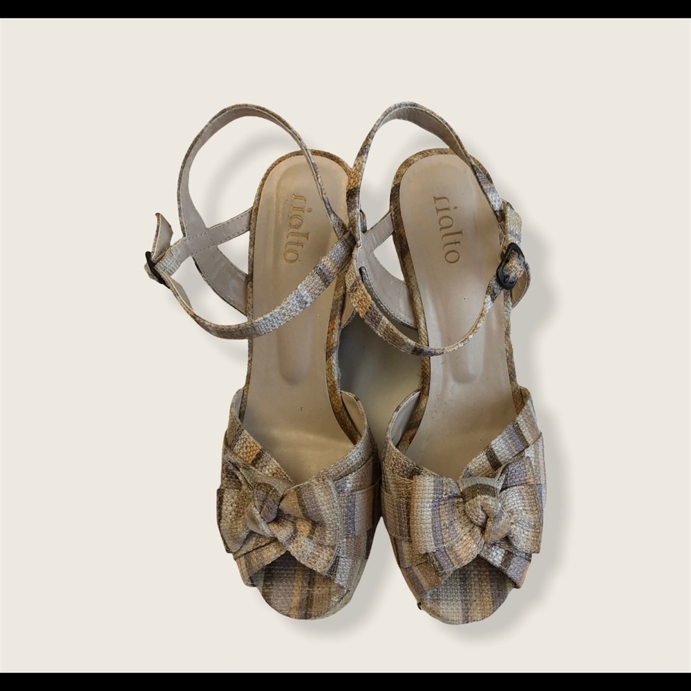 Striped tweed Rialto sandals with cork heels. 9M.